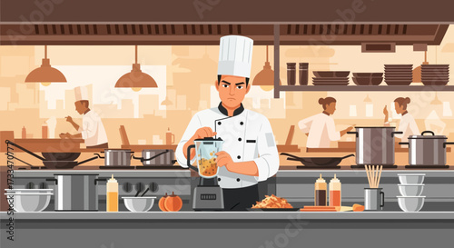 Professional chef preparing gourmet meal in modern commercial kitchen setting