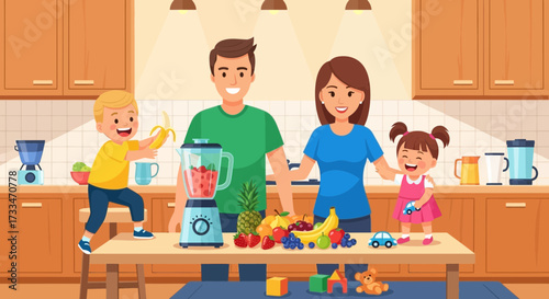 Happy Family Preparing Healthy Smoothie Together in the Kitchen for Healthy Lifestyle