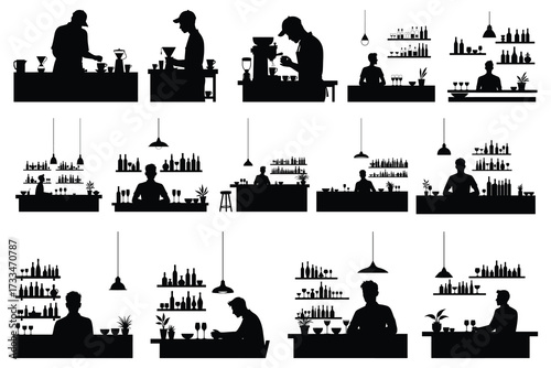Barista making coffee and bartender serving drinks silhouettes