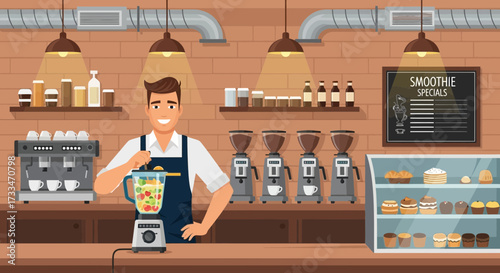 Smiling barista preparing a smoothie in a cafe with modern appliances and pastries
