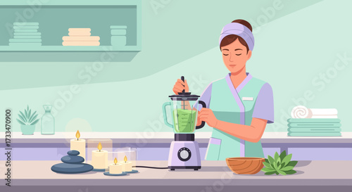 Woman preparing a natural beauty treatment in a spa-like setting with relaxation elements