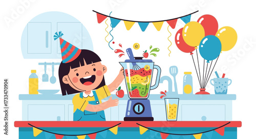 Festive kitchen scene with a girl, fruits, and blender preparing a colorful smoothie