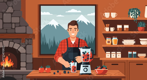 Preparing a nutritious berry smoothie, amidst a cozy home interior setting