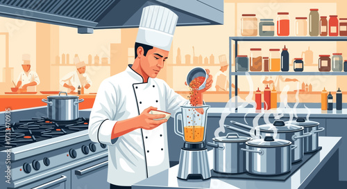 Professional chef preparing ingredients for a culinary creation in a busy kitchen