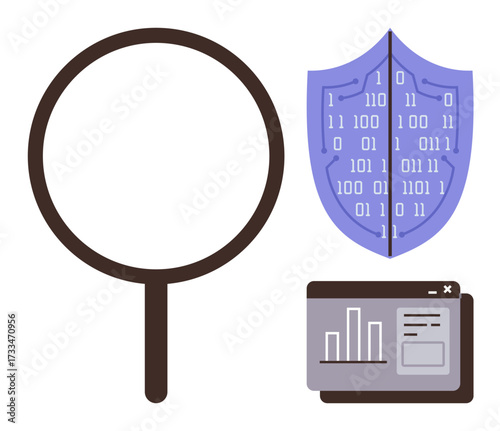 Magnifying glass, shield with binary code, and analytics chart represent data protection, analysis, and security. Ideal for cybersecurity, data privacy, analysis, digital safety IT monitoring