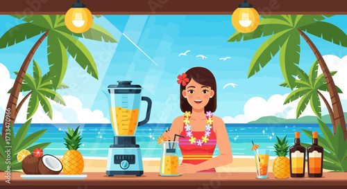 Tropical smoothie preparation by bartender woman with beach background view