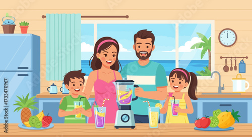 Family wellness: Creating nutritious smoothies together in a bright coastal kitchen