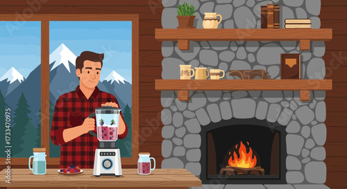 Relaxed man preparing a berry smoothie at home near a cozy fireplace scene