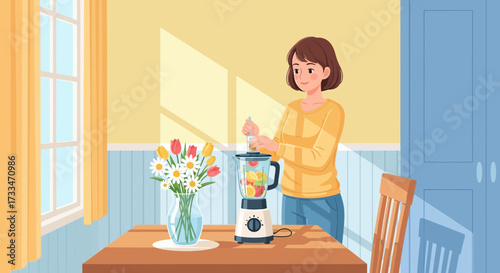 Woman preparing a vibrant fruit smoothie in a sunlit kitchen, illustrating healthy living