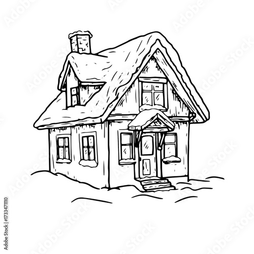 A snowy house with an attic on the roof. Vector illustration. Traditional Christmas toy, hut in a snowdrift, is isolated on white background. The concept of New Year, gifts, for postcards, invitations