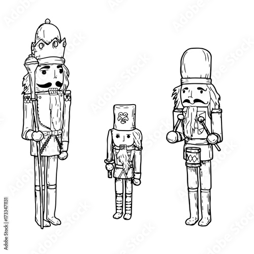 Wooden Nutcracker, black white sketch. Vector illustration. A traditional Christmas toy, set is isolated on a white background. The concept of New Year, gifts, for postcards, invitations and textiles