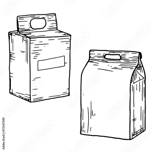 Cardboard boxes, sketch. Vector illustration. Packaging for juice, milk and bulk products is isolated on white background. Concept of kitchen, cooking, shopping in the store and storage of products