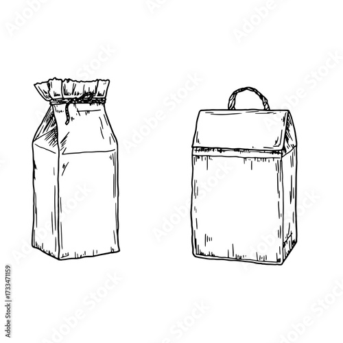 Cardboard boxes, sketch. Vector illustration. Packaging for juice, milk and bulk products is isolated on white background. Concept of kitchen, cooking, shopping in the store and storage of products