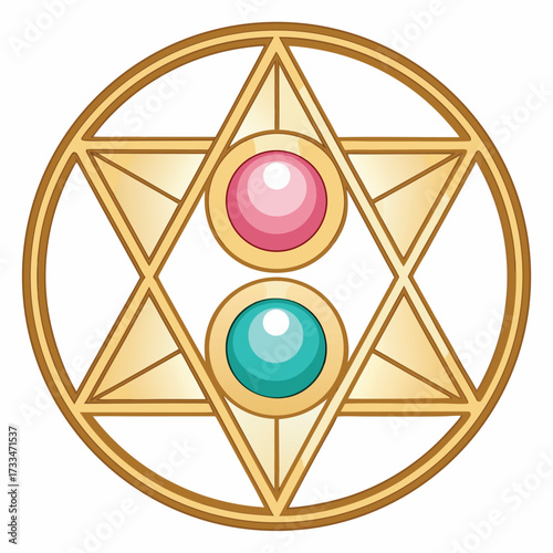 Golden star symbol with pink and blue gems inside.