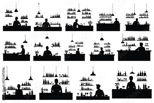 Bar scene silhouettes with bartenders and shelves of bottles