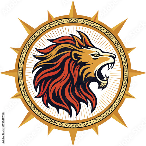 A stylized roaring lion's head within a compass rose emblem.