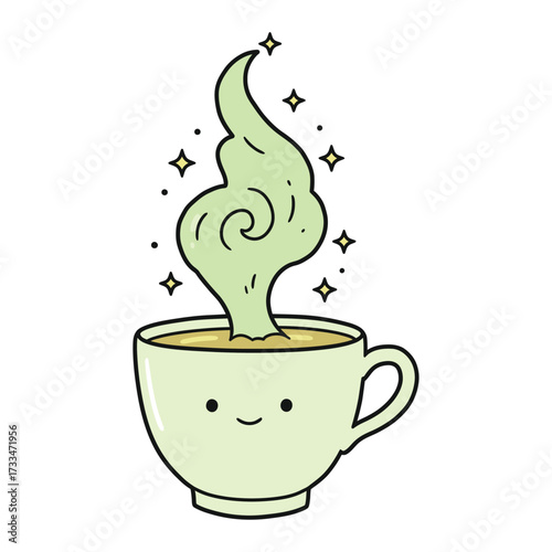 Cute cartoon cup of tea with magic steam vector illustration for stickers and prints isolated on white background