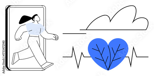 Woman stepping out of digital screen, blue heart with a pulse line and cloud-shaped contour. Ideal for themes thumbs up health, wellness, digital transformation, self-care, mindfulness, technology