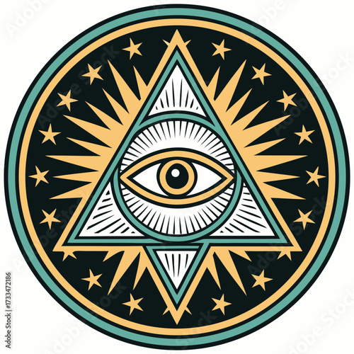 Circular emblem featuring the Eye of Providence with radiating sunbursts and stars.