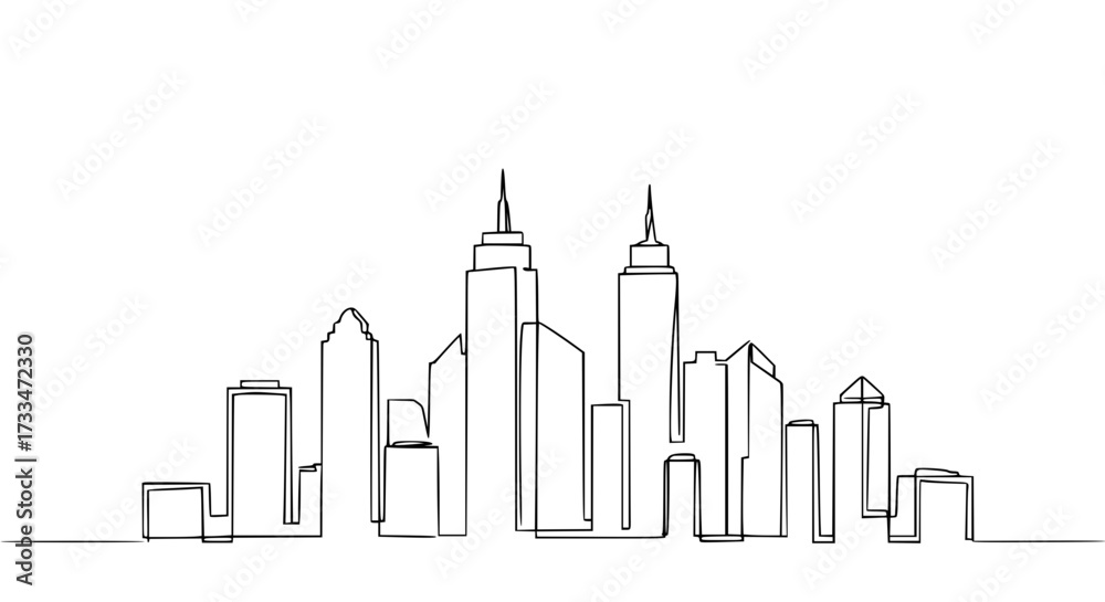Fototapeta premium Continuous black line draws a clean minimalist city skyline representing urban development and metropolitan architecture.
