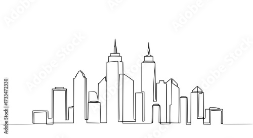 Continuous black line draws a clean minimalist city skyline representing urban development and metropolitan architecture.