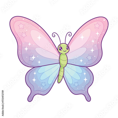 Cute butterfly cartoon character with pastel wings and star details vector illustration for childrens designs isolated on white background