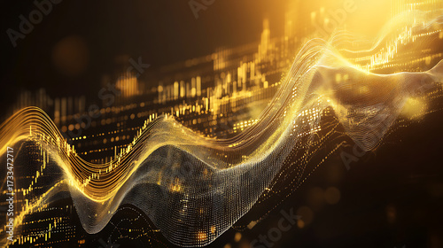 Ultra-realistic golden finance background with stock market graphs, money, gold bars, candlestick charts, luxury infographic design.