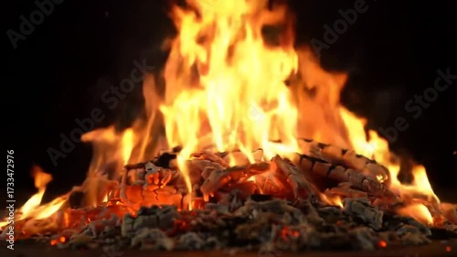 Fiery inferno embers aglow consuming wood