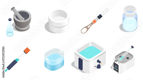 Lab Tools Icons. Isometric vector illustration set Sample preparation tools: mortar and pestle, homogenizer, ultrasonic bath,