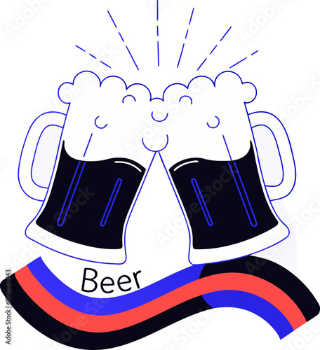Two beer mugs clinking together with foam and a banner illustration