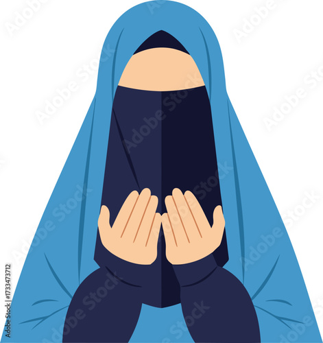Muslim woman in blue khimar and dark niqab is praying with both hands raised, symbolizing devotion, worship, and spiritual faith