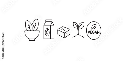 Print   Minimal line art icons for plant-based nutrition. Features leafy green bowl, almond milk carton, tofu block, growing sprout, and vegan certification seal. Elegant, organic shapes