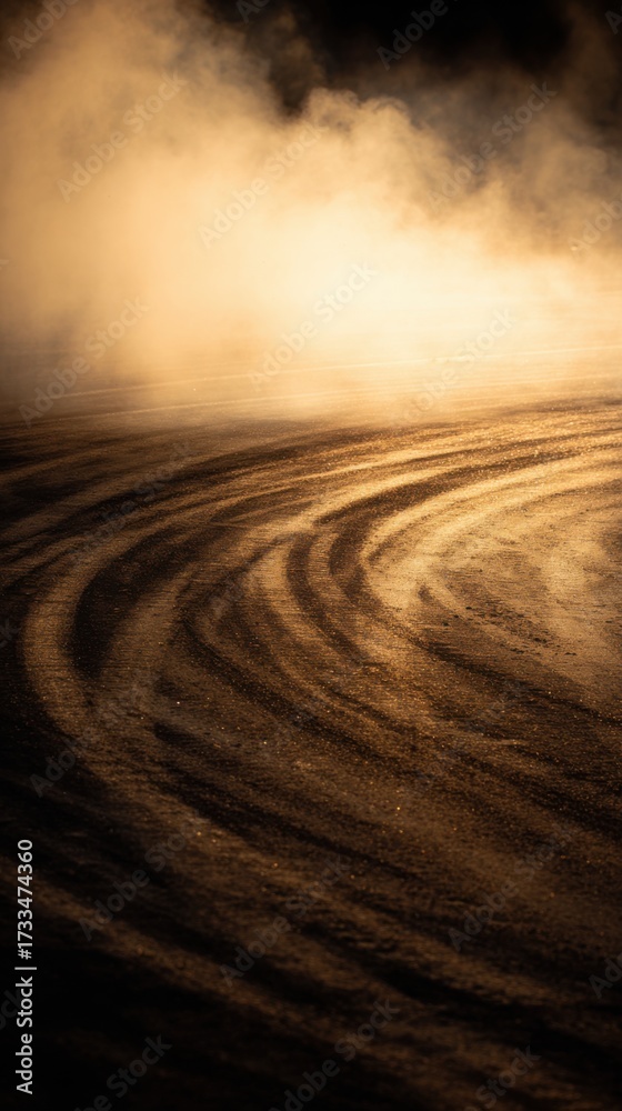 Naklejka premium Professional Monsoon Racing Tire Marks with Dense Smoke Effect on Asphalt Modern Automotive Safety Visual for Risk Awareness Marketing Campaigns