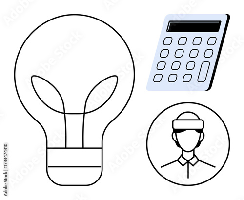 Large lightbulb with leaf motif, calculator, and worker avatar. Ideal for sustainability, innovation, energy, teamwork, technology creativity eco-industries. Simple flat metaphor