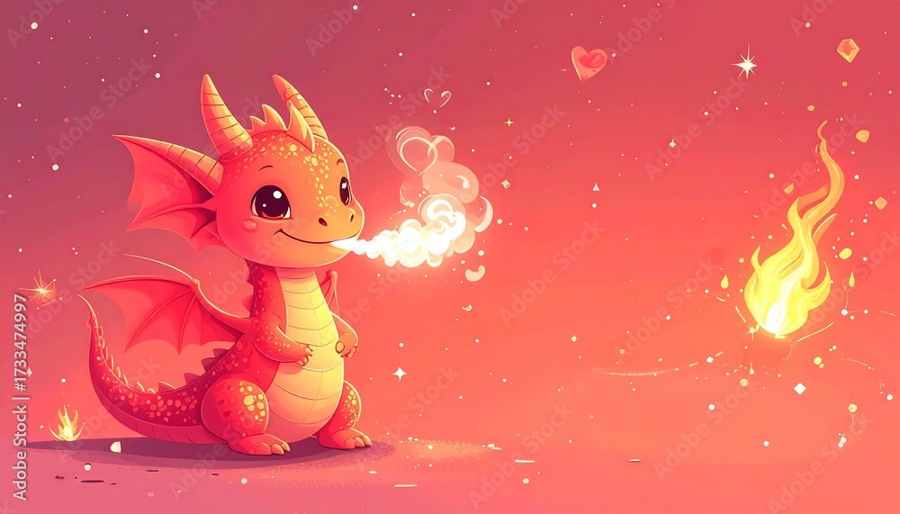 Obraz premium Cartoon dragon breathing fire in a fantasy illustration with hearts