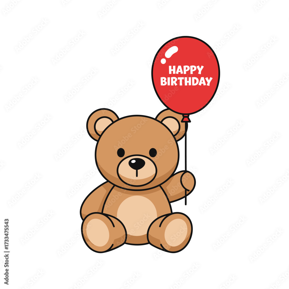 Obraz premium Adorable Teddy Bear Holding a Happy Birthday Balloon Illustration.