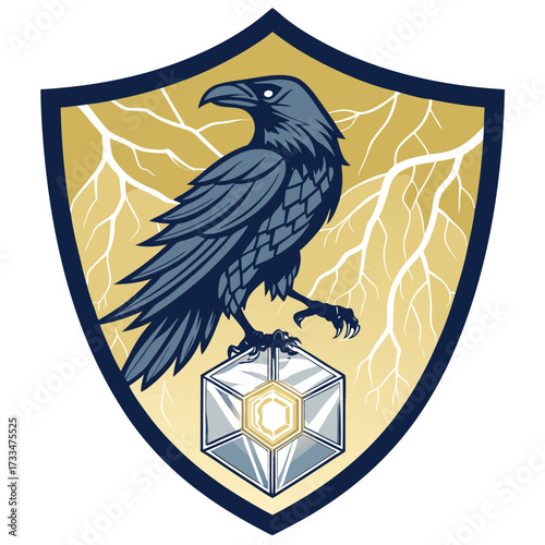 A stylized raven perched on a geometric crystal within a shield.