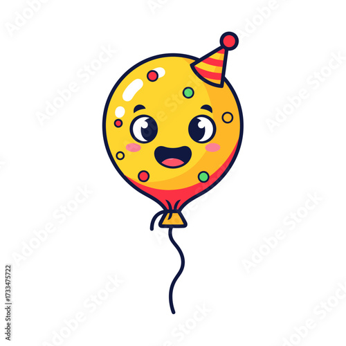Cartoon Balloon Character with Party Hat and Smiling Face.