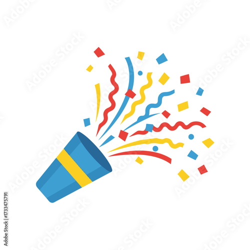 Celebratory Confetti Popper with Colorful Streamers and Squares.