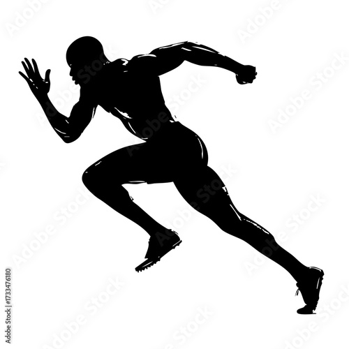 Black silhouette of male sprinter in full running motion isolated on transparent background