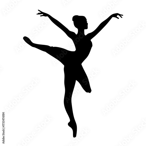 Black silhouette of female ballet dancer in arabesque pose isolated on transparent background