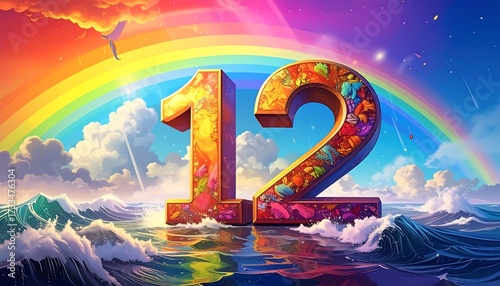 Colorful 12 on a vibrant sky and water