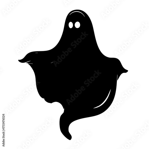 Black silhouette of a ghost with flowing wavy sheet and round head isolated on transparent background