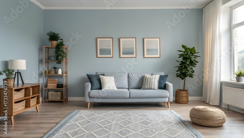 Serene Smoky Blue Living Room With Scandinavian Accents, Layered Textured Rugs, Sleek Minimalist Art, Cozy Modern Furniture, And Inviting Soft Lighting For Stylish Home Decor