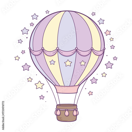 Pastel hot air balloon illustration with stars cute vector design for baby shower invitations isolated on white background