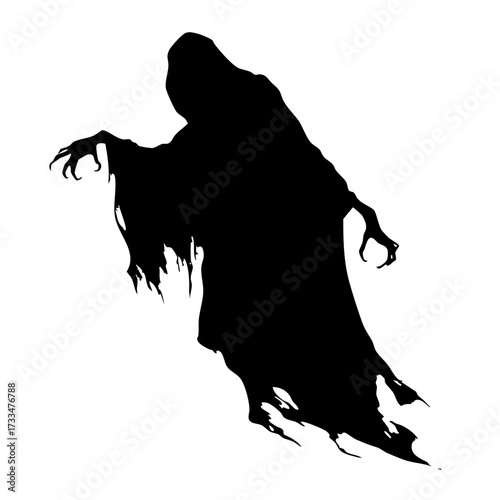 Black silhouette of scary ghost with ragged cloak and clawed hands isolated on transparent background