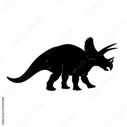 Black silhouette of triceratops dinosaur side profile with three horns and frill isolated on transparent background