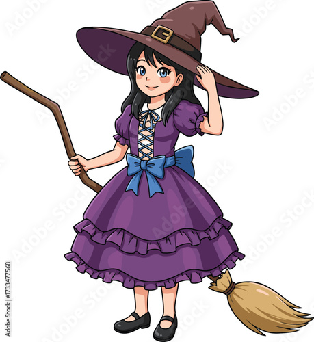Cartoon witch girl in purple dress, wearing hat, holding broomstick, cute Halloween character, magical fantasy illustration, smiling young witch