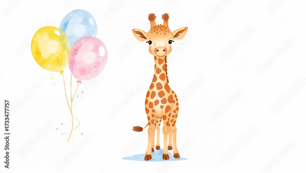 Obraz premium Giraffe watercolor illustration with balloons on white background for kids room decor