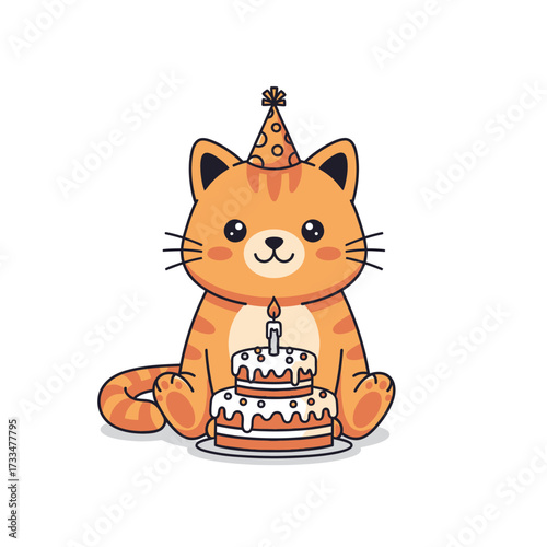 Ginger Cat Celebrating Birthday with Cake and Party Hat.